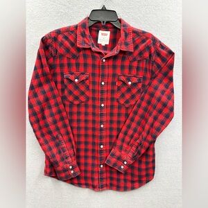 Levi's Mens Shirt M Buffalo Plaid Red & Black Pearl Snap Lumberjack Cotton